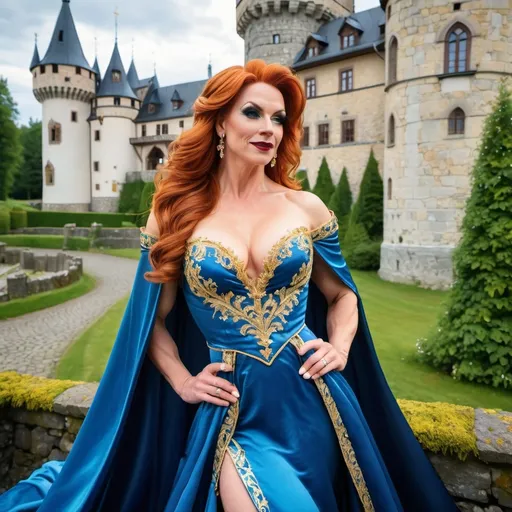 Prompt: A gorgeous muscular 35-year-old Swedish drag queen bodybuilder  (with big busom, dark lipstick, full lips, dark orange hair) in a flowing Blue satin silk gown with gold embroidery, ballroom of a medieval castel, Anton Pieck style, medieval fantasy, intricate patterns, ornate cloth, royal attire, detailed realistic clothing folds, lush greenery, soft pastel tones, romantic lighting, professional, ultra-detailed, fantasy, medieval, satin gown, palace garden, Anton Pieck style, ornate architecture, lush greenery, romantic lighting, royal attire, intricate patterns, soft pastel tones, flowing fabric, professional lighting