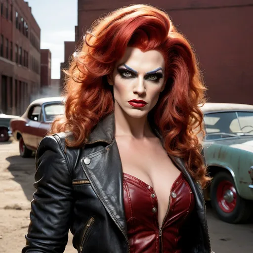 Prompt: (Rugged Outlaw) gorgeous muscular 25-year-old Mid-Western drag queen (with strong masculine jawbone) with red hair, grease smudges from working on old cars,  Bootlegger character, tough stance, pistol on belt, (dramatic lighting) casting striking shadows, (worn wool clothing) showcasing grit, (gritty atmosphere) with an emphasis on defiance and resilience, rich dark color tones, (high detail) and ultra-detailed, (cinematic quality), vintage backdrop evoking the feel of the era, immersive and compelling scene, textured details highlighting the character's ruggedness. renaissance, western, a character portrait