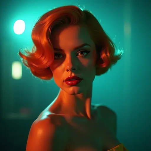 Prompt: Gorgeous 25-year-old Czechian drag queen bodybuilder, short swept over stylish orange hair, retrofuturistic film noir by Quentin Tarantino, teal glowing haze dreamy atmosphere.