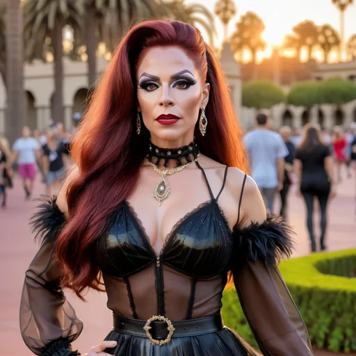 Prompt: Gorgeous muscular 35-year-old Czechian drag queen with long feathered dark red hair, walking at sunset in San Diego Balboa Park wearing a sheer see through blouse with a long sheer skirt and boots, hair up in a bun, with a choker necklace on, looking to side solemn expression, naughty Victorian style