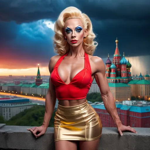 Prompt: Don Knotts dressed up as a Gorgeous ultra-muscular 25-year-old drag queen bodybuilder in colorful neon red and gold mini skirt, highly detailed face with sharply detailed blue eyes, UHD, volumetric lighting, standing on a bluff, distant storm approaching Moscow, futuristic fashion, detailed hair, elegant pose, cityscape, urban, intense gaze, highres, ultra-detailed, glamorous, fashion, atmospheric lighting, modern