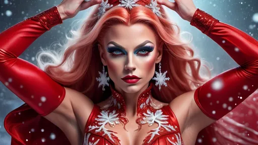 Prompt: A gorgeous ultra-muscular 25-year-old Finnish drag queen bodybuilder in a red dress standing in the heavy snow,   fantasy art, beautiful fantasy art portrait, beautiful fantasy painting, very beautiful fantasy art