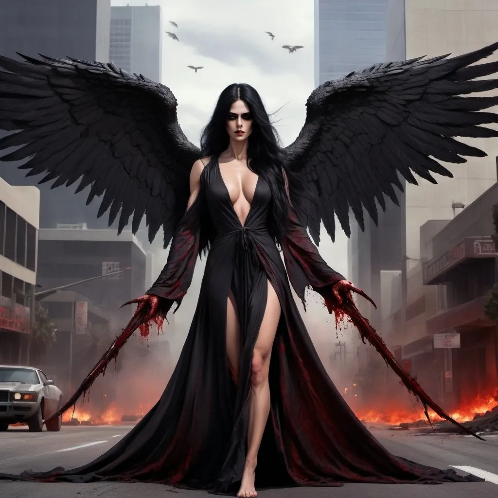 Prompt: Gorgeous, muscular, female, angel of death wearing dark and bloody robes. Ridiculously large wings. Ridiculously long flowing black hair. Flying over the streets of Los Angeles during Armageddon. 
