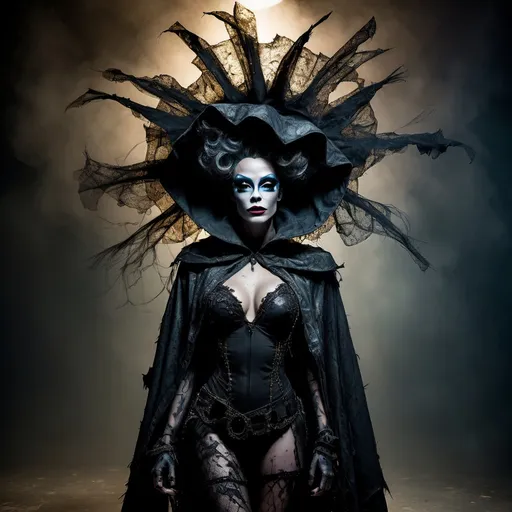 Prompt: Cloaked night time vigilante hero, The Tattered Drag Queen, stunning full body costume made of eclectic patches and rags, a luminous halo of shadows encompassing her silhouette, mysterious atmosphere, moody lighting, dramatic contrasts, inspired by the unique style of Dave McKean, high detail, ultra-detailed HD image, deep tones and textures, creating an intense sense of intrigue and allure.