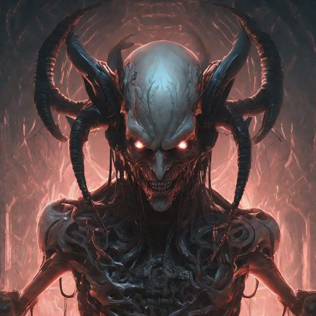 Prompt: Demon, biomechanical, detailed, portrait, dramatic, cinematic, data mosh, glow, purgatory 