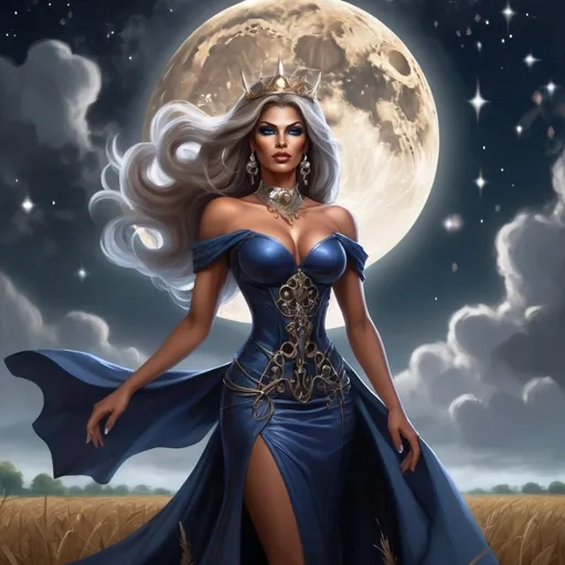 Prompt: The Queen Of Time And Space, a gorgeous muscular drag queen (with strong masculine jawline and brow facial features), Dark blonde hair and big busom, in a midnight blue dress standing in a field of clouds and stars with a full moon behind her, Anne Stokes, fantasy art, epic fantasy character art, concept art