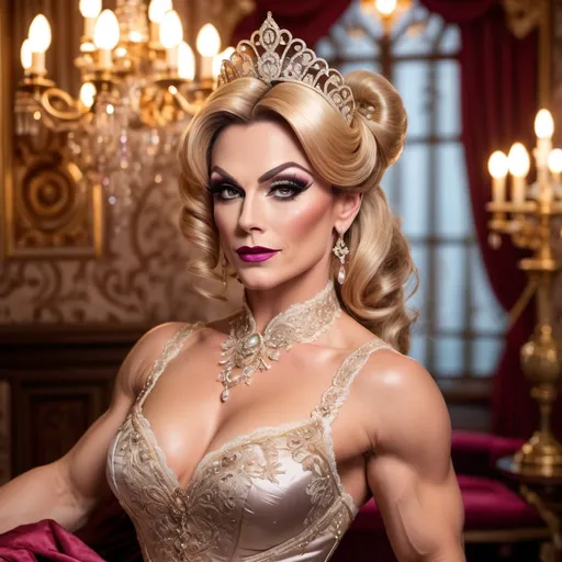 Prompt: Gorgeous muscular 35-year-old Victorian Drag Queen bodybuilder princess (strong masculine jawline and brow facial features), elegantly dressed in a lavish gown with intricate lace details, holding a delicate fan, exquisitely adorned with jewels, soft golden candlelight illuminating her surroundings, a luxurious opulent ballroom background, romantic and enchanting ambiance, intricate wallpaper patterns, vintage decor elements, high detail, 4K resolution, soft warm tones, evoking a sense of timeless beauty and royal grace.