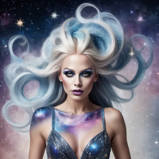 Prompt: a stunning depiction of a gorgeous 25-year-old Swedish drag queen dancer with large busom whose flowing movements create beautiful, swirling galaxies. The dancer's form and dress are painted with stars and cosmic dust, illustrating the harmony between human expression and the universe. Light background