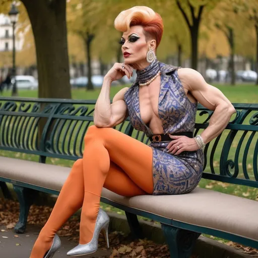 Prompt: Haute couture 35-year-old French drag queen bodybuilder model in a retro 1970s outfit, retro hair style, elegant and sophisticated full body pose, luxurious fabric with rich textures, sitting in the park in Paris, high-end fashion photography