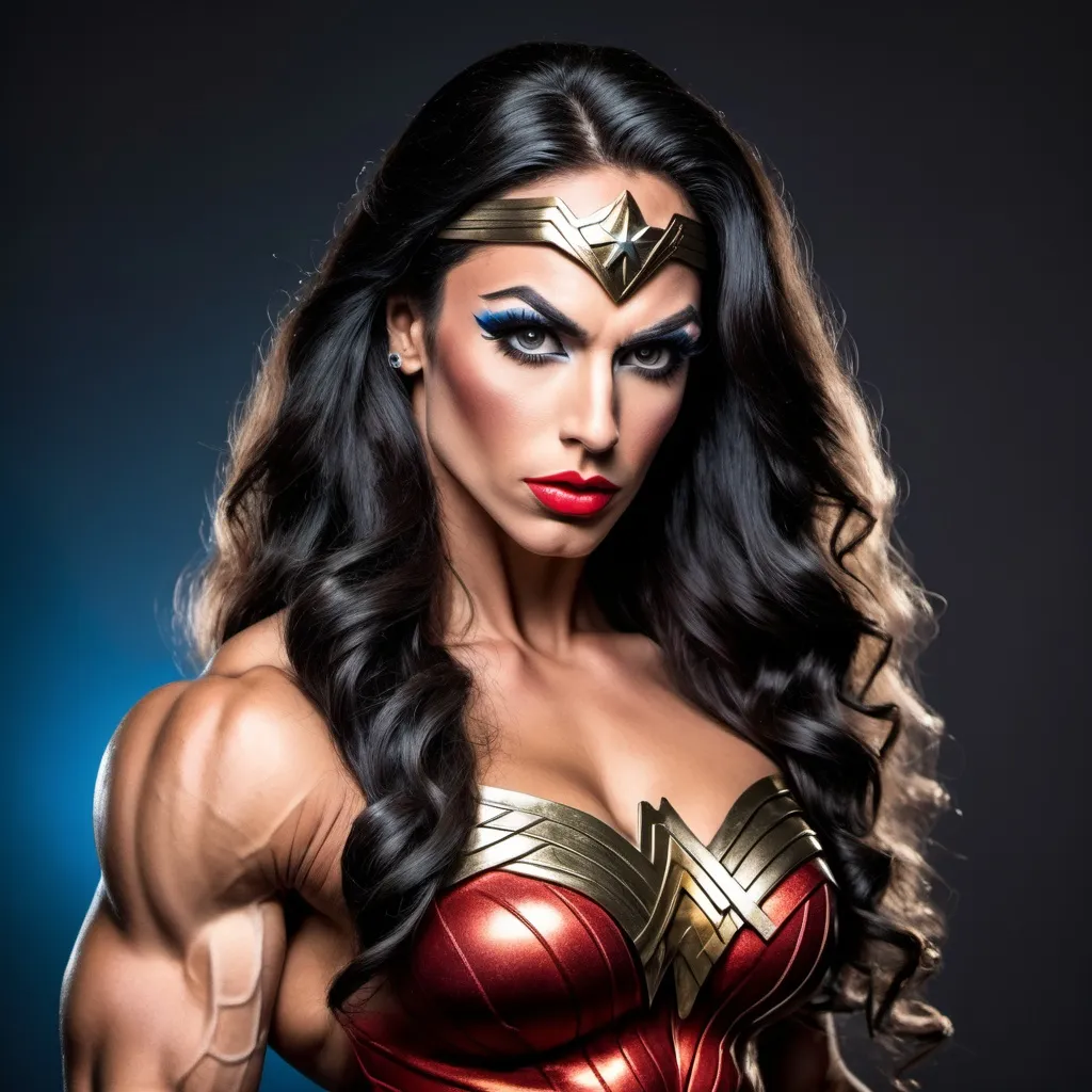 Prompt: Gorgeous ultra-muscular 25-year-old Greek drag queen bodybuilder with very long wavy black hair dressed as Wonder Woman.