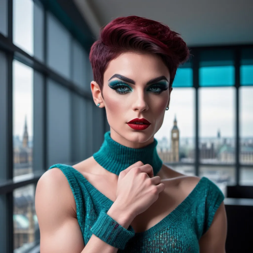 Prompt: Gorgeous muscular 25-year-old French drag queen with strong masculine jawline,  very short dark red hair, dark eyeshadow, and dark lipstick, in the CAD office wearing chenille knitted wrist in teal blue and red gradient, next to the window with London city and Big Ben view