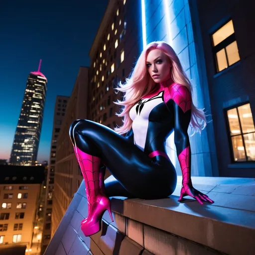 Prompt: Gorgeous ultra-muscular 25-year-old Finnish goddess with huge busom and ridiculously long flowing pink blonde hair, dressed as Spider-Gwen (Marvel Comics Character), she clings to the side of a building at night.