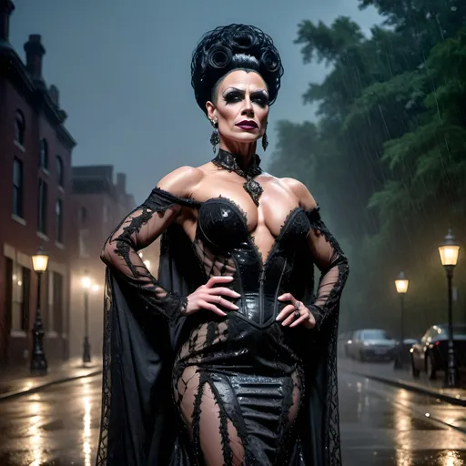 Prompt: Gorgeous muscular 35-year-old Victorian gothic drag queen (strong masculine jawline and brow) standing in the rain, full body, detailed lace gown, intricate jewelry, hauntingly beautiful, high quality, gothic, vintage, dramatic lighting, dark color tones