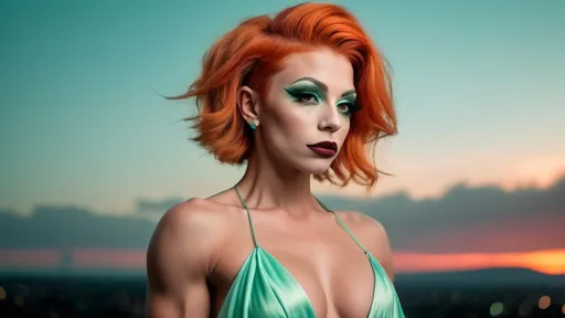 Prompt: Gorgeous ultra-muscular 25-year-old Czechian drag queen bodybuilder with short spiked swept Orange hair wearing a mint green flowy gown, dark eye shadow, heavy mascara, and dark red lipstick, staring at the stars in the sky and feeling content.