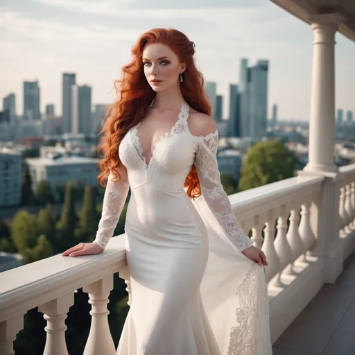 Prompt: Gorgeous 25-year-old Finnish goddess body builder with ridiculously long wavy crimson hair wearing an elegant modest white wedding dress, standing on the balcony of her luxurious mansion overlooking the city skyline. She has soft makeup and hair styled into loose waves with bangs. The gown features delicate lace detailing along its bodice and halter neckline, complemented by sheer sleeves that accentuate her figure's curves. Her pose is confident yet graceful as she gazes out at the horizon, embodying grace and elegance in timeless beauty in the style of a classic painting