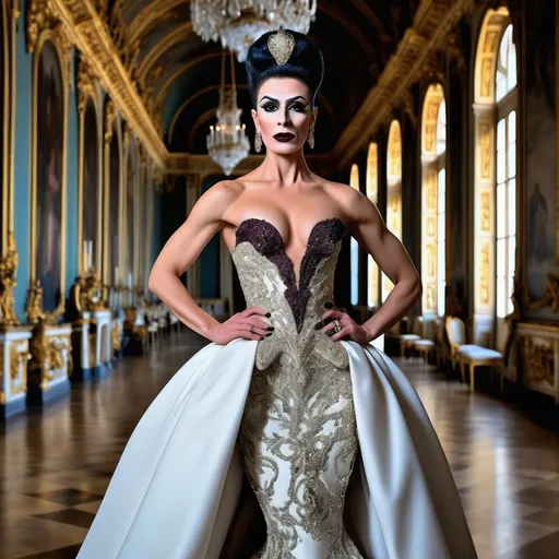 Prompt: Design a modern glamorous wedding dress worn by a real life gorgeous muscular 35-year-old Turkish drag queen ((strong masculine jawline and brow features)) model dress to be daring and glamorous and elegant, dark eye makeup, dark lipstick.  Posing in the Palace of Versailles.