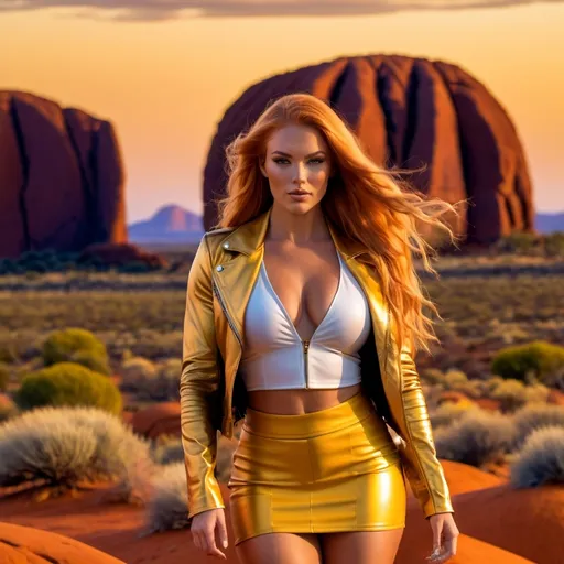 Prompt: 4k,dramatic, vibrant colors  ,high resolution, professional, modeling, gorgeous 25-year-old (caucasian) Australian bodybuilder goddess Ayers rock in the background at dusk, she is modeling , huge busom, ridiculously long flowing strawberry-blonde hair, opened tellow leather jacket, gold crop top shirt, yellow miniskirt, necklace , unique modeling pose , low angle shot ,legs ,dynamic photo