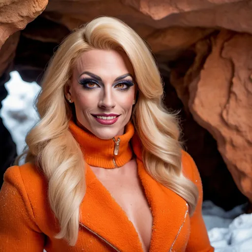 Prompt: professional portrait photograph of a gorgeous muscular 35-year-old British drag queen (strong masculine jawline and brow features) in orange winter clothing, long natural blonde hair, most attractive face, (freckles), nice smile, cute stylish makeup, wearing elegant warm winter fashion clothing, ((standing out side a frozen cave), hyper- realistic, detailed features, realistic lighting, high quality, realistic view,, elegant, realistic setting, professional, detailed, glamorous, actress, iconic, stunning modern urban environment, ultra realistic, concept art, elegant, highly detailed, intricate, sharp focus, depth of field, f/1. 8, 85mm, medium shot, mid shot, (((professionally color graded))), bright soft diffused light, (volumetric fog), trending on instagram, hdr 4k, 8k