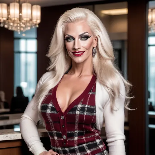 Prompt: Gorgeous muscular 35-year-old German drag queen (strong masculine jawline and brow) bodybuilder with long luscious platinum blonde hair, dark smoky eyeshadow, heavy mascara and dark red lipstick, smile, silver jewels, chic white blouse, tweed sweater vest, plaid pencil skirt, standing profile in a luxe lobby, well lit, high detail & quality, 8k, pro photo.