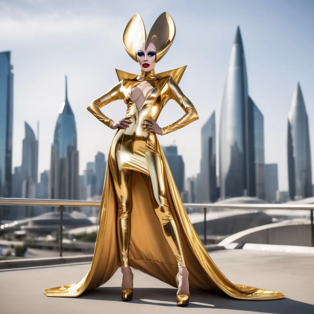 Prompt: Gorgeous alien drag queen wearing golden robes and 8 inch stiletto high heels. Posing with a futuristic city background.