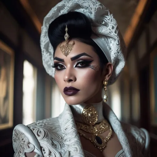 Prompt: hyper-detailed dull photo of a gorgeous muscular masculine 25-year-old Betawi drag queen, with dark eye makeup, dark lipstick, venetian lace jilbab, cropped jacket, foggy old hallway, art pose, medium format, epic character composition, sharp focus, intricate filigree details, cinematic lighting, volumetric fog, award-winning, masterpiece, 64K, professionally color graded