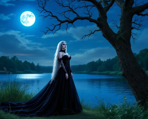 Prompt: Gorgeous muscular Gothic drag queen vampire with long silver and black hair, wearing a long black dress with a train. She is posing attractively by a tree by the lake. On an evening with a big blue moon in the sky
