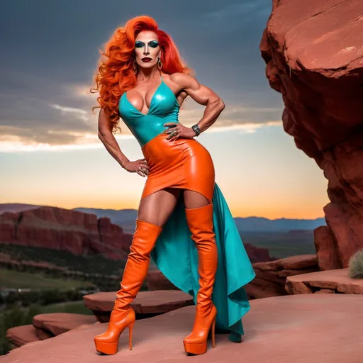 Prompt: A gorgeous muscular 35-year-old Turkish drag queen bodybuilder with large busom, dark eye makeup, dark lipstick, a long curly bright orange hair, wearing an asymmetrical teal gown, and 8 inch platform stiletto high heel knee-high boots,  Colorado Red Rocks at sundown in the background. 