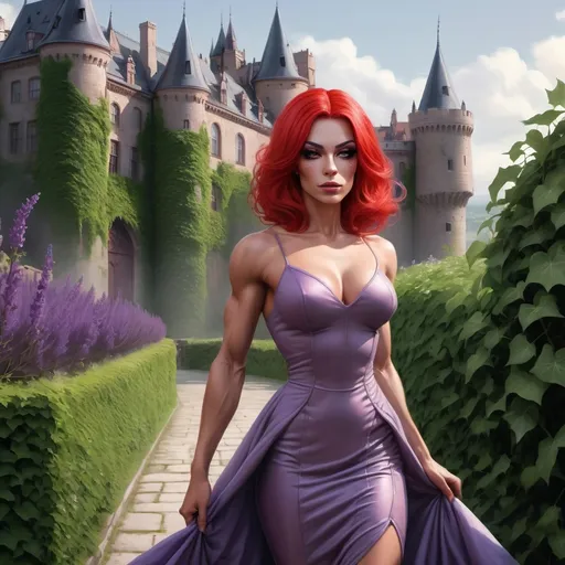 Prompt: A gorgeous ultra-muscular 25-year-old Swedish drag queen bodybuilder with a red longbob and in a lavender dress is walking down a path with ivy growing on the walls behind her and a castle in the background, Charlie Bowater, fantasy art, epic fantasy character art, a detailed photograph