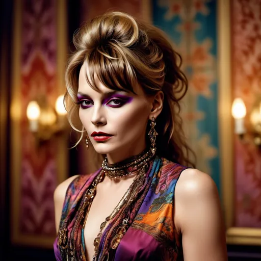 Prompt: (A young Jonhhy Depp dressed in drag wearing an Etro dress), fashion elegance, (stylish pose), intricate patterns, vibrant colors, (high fashion), soft focus, warm lighting with a glamorous touch, showcasing elegant accessories, luxurious fabric detail, upscale ambience, beautifully styled hair, (ultra-detailed), captivating expression, fashion-forward aesthetic, luxurious background elements.