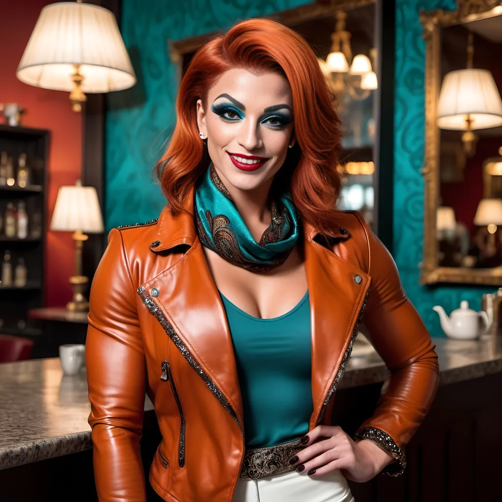 Prompt: Stunningly beautiful muscular 25-year-old French drag queen bodybuilder, (dark eyeshadow and dark red lipstick), short burnt orange hair in chic shag cut, smile, teal jacket, paisley scarf, white blouse, black leather knee-length skirt, fashion high heel boots, (elegantly standing) in a stylish tea shoppe, luxurious ambiance, warm lighting, ornate decor, exquisite details, inviting atmosphere, (high detail & quality), (8k resolution), photorealistic, pro photo, (high-end fashion).