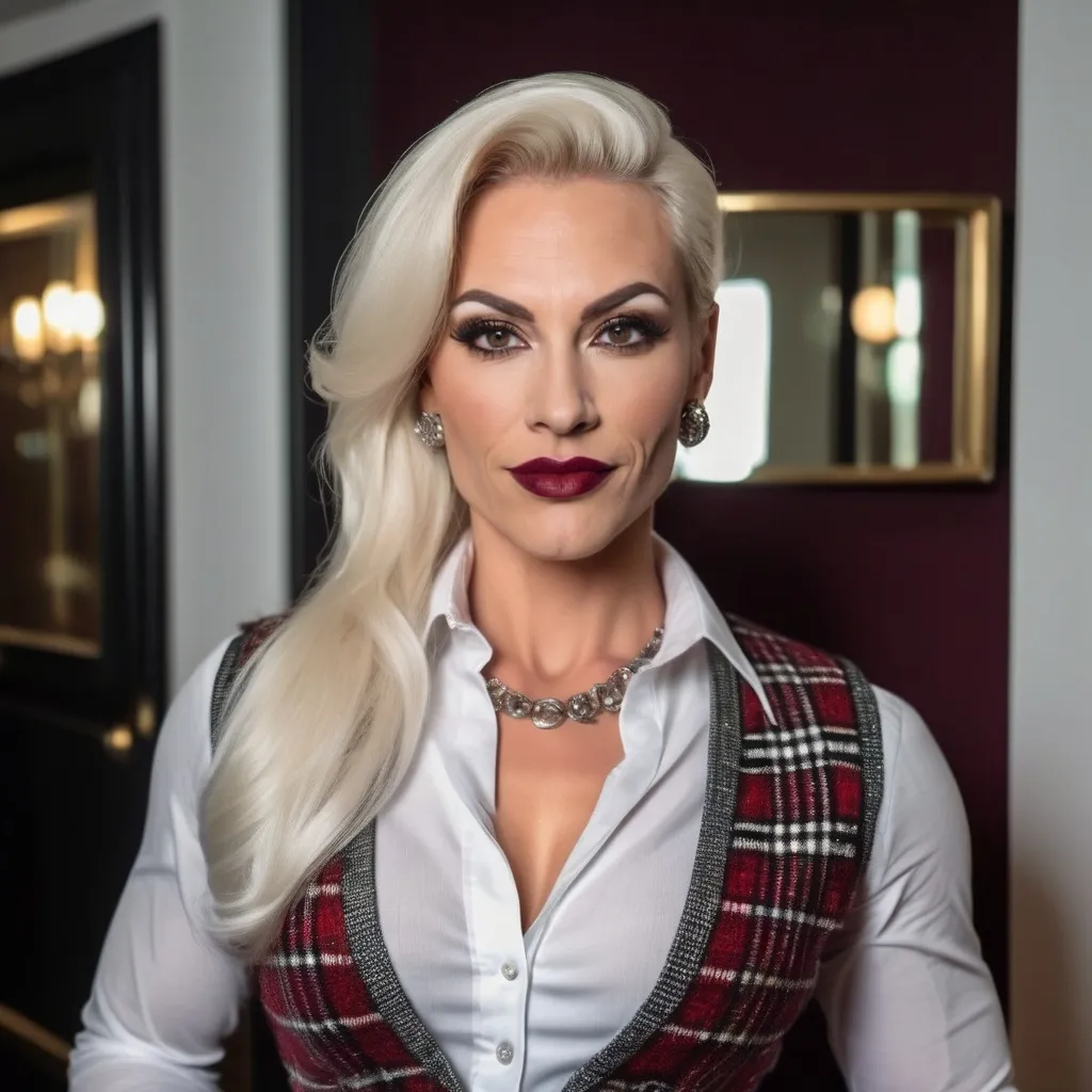 Prompt: Gorgeous muscular 35-year-old German drag queen (strong masculine jawline and brow) bodybuilder with long luscious platinum blonde hair, dark smoky eyeshadow, heavy mascara and dark red lipstick, smile, silver jewels, chic white blouse, tweed sweater vest, plaid pencil skirt, standing profile in a luxe lobby, well lit, high detail & quality, 8k, pro photo.