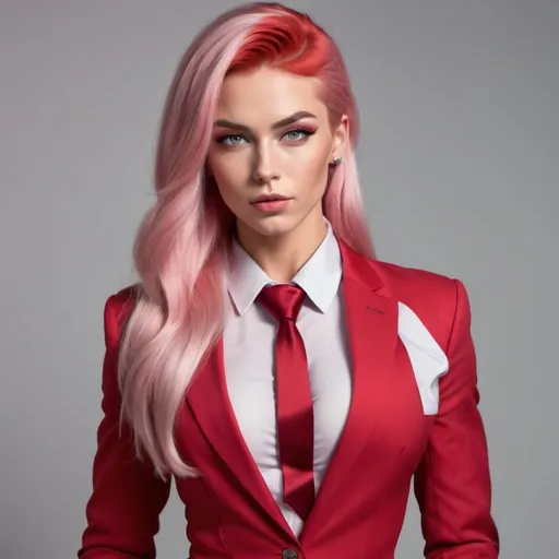 Prompt: Gorgeous ultra-muscular 25-year-old Finnish goddess with huge busom wearing a red business suit, Button up, red color tie, platinum pink hair, Wide shoulders, glamour makeup, full-length 