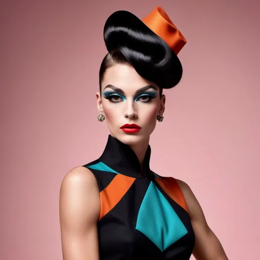 Prompt: Gorgeous muscular 25-year-old Czechian drag queen, Prada 1950s style elegant silhouette, classic tailored look, vibrant colors, rich textures, polished accessories, soft lighting, nostalgic ambiance, high-quality detail, reminiscent of mid-century fashion photography, chic black hairstyle, playful patterns, stylish footwear, retro elegance