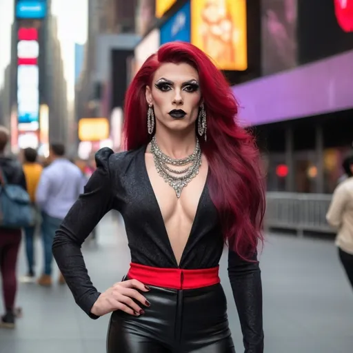 Prompt: Gorgeous muscular 25-year-old Czechian drag queen (masculine jawline and brow features) with long dark red hair wearing a mix of men's and women's clothes. 8 inch stiletto high heel shoes.  Dark eye makeup and dark lipstick.  Location: Time Square.