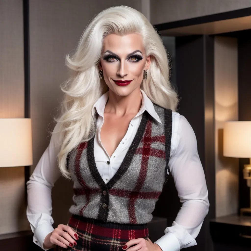 Prompt: Gorgeous muscular 35-year-old German drag queen (strong masculine jawline and brow) with long luscious platinum blonde hair, dark smoky eyeshadow, heavy mascara and dark red lipstick, smile, silver jewels, chic white blouse, tweed sweater vest, plaid pencil skirt, standing profile in a luxe lobby, well lit, high detail & quality, 8k, pro photo.