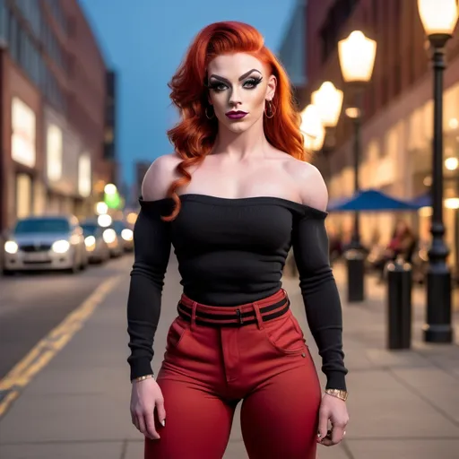 Prompt: Front view of an 18-year-old, muscular, gorgeous red-headed British drag queen bodybuilder (very strong masculine jawline and brow features), big busom, hourglass figure, wearing capri pants, off the shoulder sweater, and 8 inch stiletto high heel shoes. Hanging out downtown at sunset.