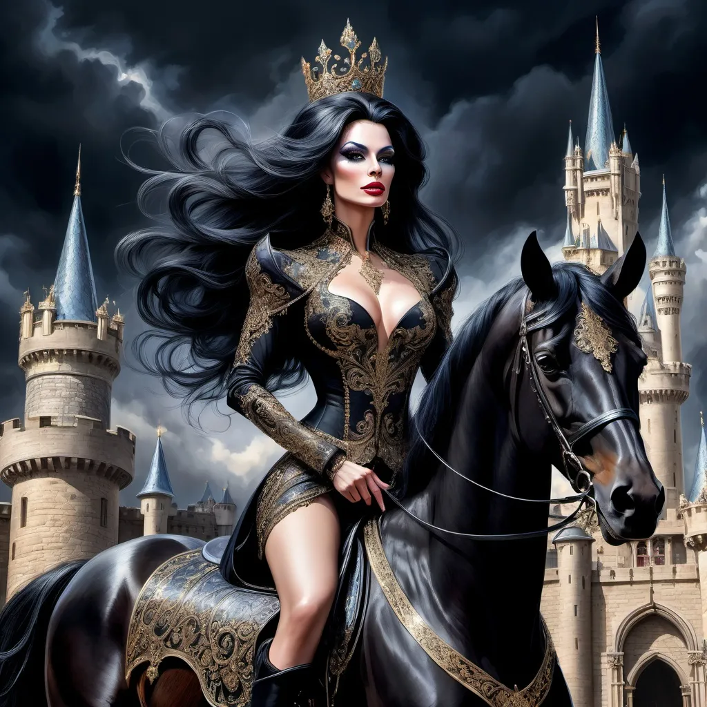 Prompt: A gorgeous muscular drag queen stands before her castle, her castle in the background, her back towards the viewer, she is mounted on her horse, long flowing black hair cascading elegantly down her back, royal attire shimmering with intricate details, high-reaching towers, under a dramatic dark sky, rich colors, ultra-detailed, high definition, emphasizing royal elegance and strength.