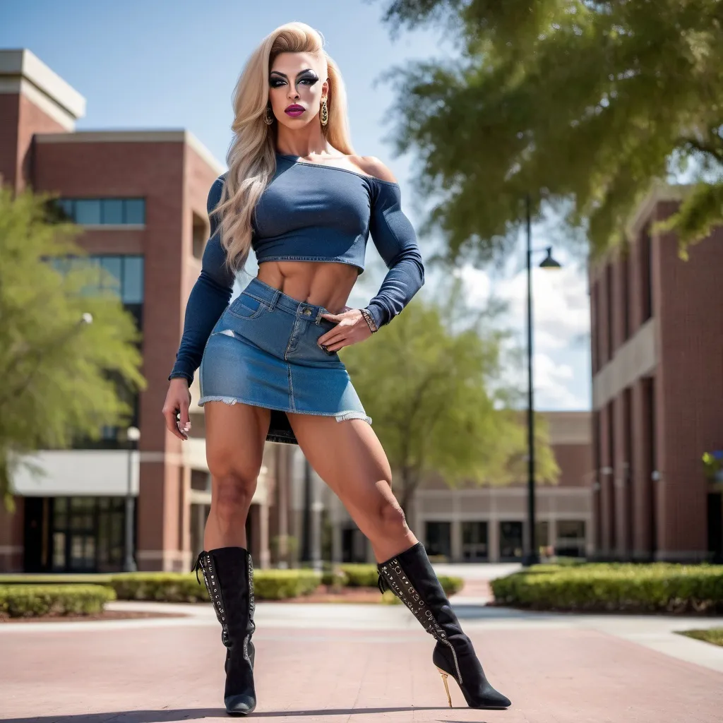 Prompt: Front view of an 21-year-old, muscular, gorgeous (caucasian) Floridian drag queen bodybuilder  (very strong masculine jawline and brow features) wearing a denim mini skirt, off-one-shoulder sweatshirt and 8 inch stiletto high heel calf-high boots. Hanging out outside the college campus.