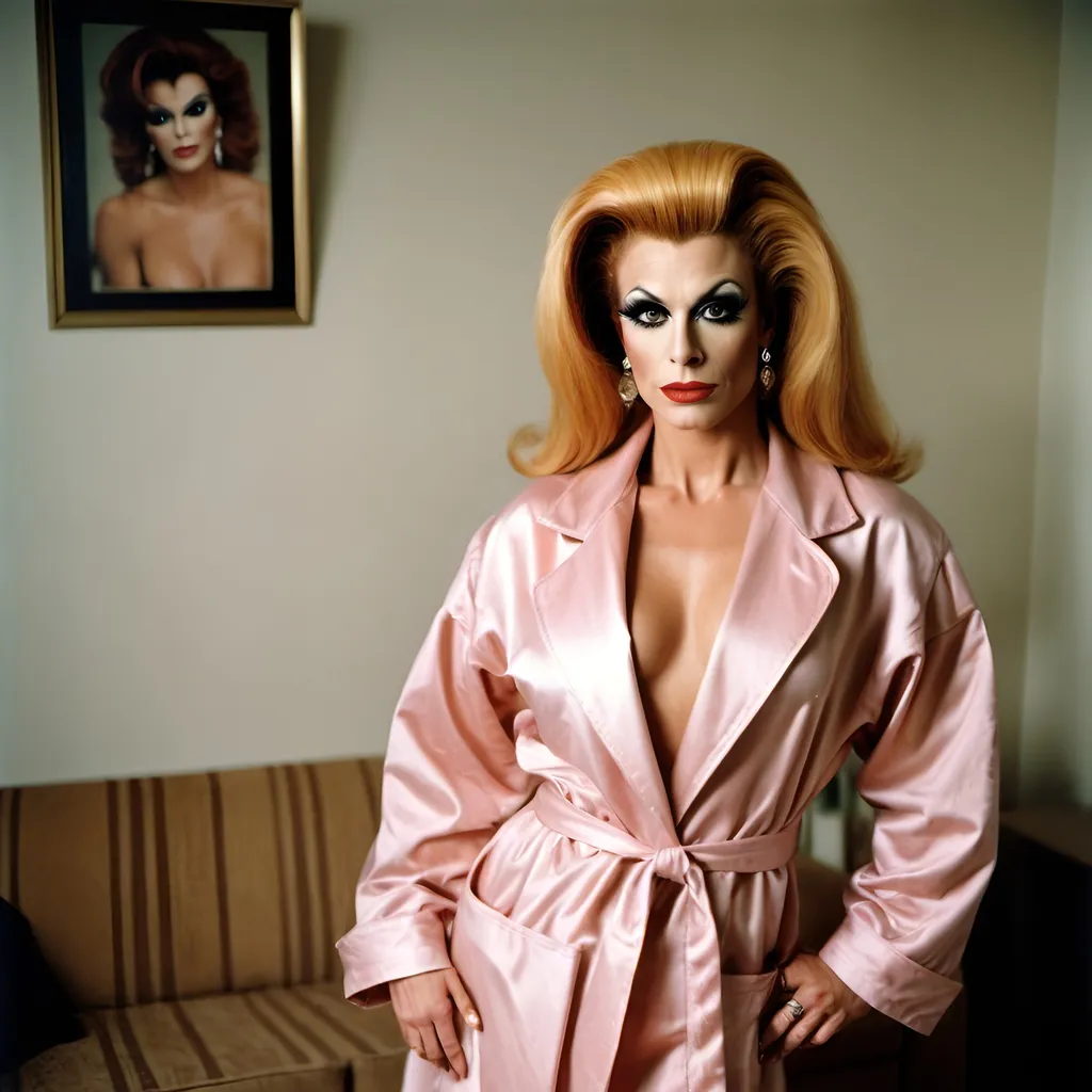 Prompt: A gorgeous muscular 30-year-old Czechian drag queen housewife in the 1990s wearing a house coat. Posing in the living room.