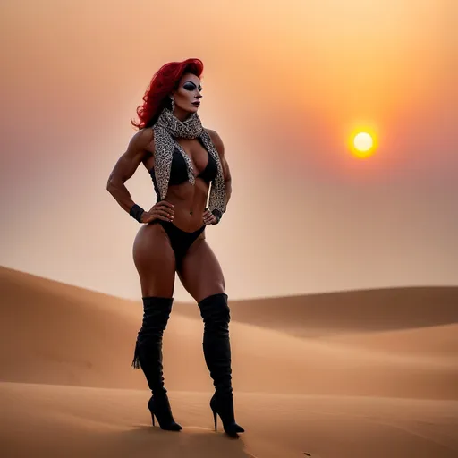 Prompt: The silhouette of a gorgeous muscular 35-year-old French drag queen bodybuilder with an Arab scarf and stiletto knee-high boots walks on a dune walks against the sunset , mist