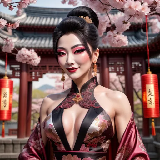 Prompt: (Chinese drag queen bodybuilder), elegant pose, delicate features, dark eyeshadow, dark lipstick, softly smiling expression, flowing traditional dress with intricate patterns, lush silk fabric, warm glowing light, serene atmosphere, cultural background elements such as cherry blossoms and ancient architecture, ultra-detailed, high quality, 4K resolution.