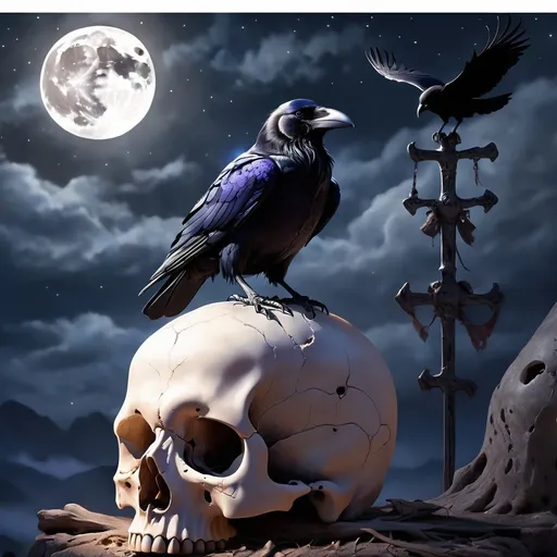 Prompt: A raven sitting atop a human skull lit by moonlight.