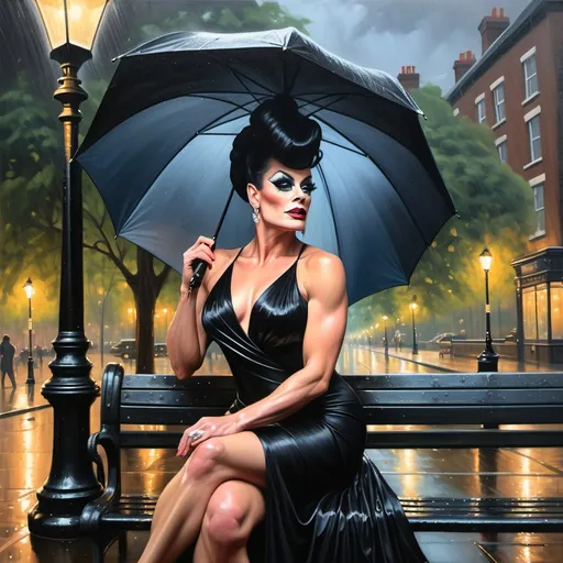 Prompt: A mesmerizing oil painting depicting a gorgeous, tall, muscular 35-year-old British drag queen in a flowing black silk dress, seated on a wet bench beneath a dim, old street lamp in a rain-soaked park. With an air of mystique, she gracefully dances with an umbrella, its rich tones resonating through the damp air. The atmosphere is both enchanting and melancholic, with the rain-drenched landscape enhancing the emotional intensity of the scene.