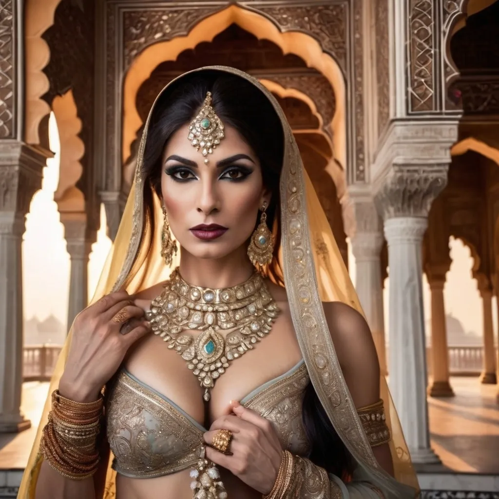 Prompt: A breathtakingly beautiful, muscular 35-year-old Pakistani drag queen bodybuilder princess from ancient times, standing gracefully in the majestic palace of the Taj Mahal. She wears an opulent, traditional Mughal-era royal outfit, intricately embroidered with gold and encrusted with precious gemstones. Her flowing silk dupatta shimmers under the soft moonlight, casting a mystical glow. Delicate henna patterns adorn her hands, and exquisite jewelry—bejewelled maang tikka, heavy gold necklaces, and shimmering bangles—enhance her regal elegance.

The palace is bathed in a dreamy, ethereal light, with the marble reflecting hues of silver, gold, and soft pastels. Floating flower petals drift through the air, carried by a gentle, unseen breeze. The atmosphere is infused with an enchanting, fairytale-like glow, as if the scene exists between dreams and reality. Wisps of golden mist swirl around her feet, and the sky above is illuminated by a crescent moon and twinkling stars. In the background, the silhouette of the Taj Mahal stands majestically, its domes glowing under the celestial light. The entire scene radiates an aura of romance, mystery, and divine elegance, as if touched by the gods themselves.