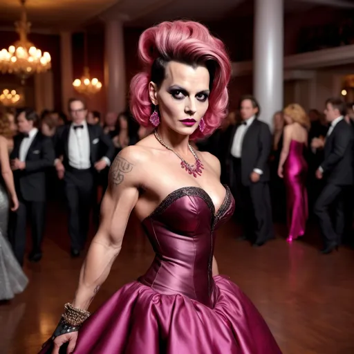 Prompt: 64k his-res digital Full length photograph of young Johnny Depp dressed as a Gorgeous busomy 35-year-old Finnish drag queen bodybuilder with dark pink long updo hair style. (((Bronze and black ball gown and high heel shoes))). Dark eye shadow and dark red lipstick. Posing on the dance floor.