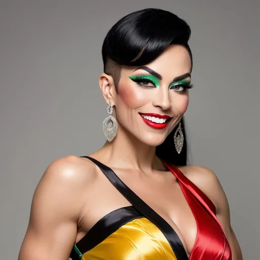 Prompt: Gorgeous muscular 35-year-old Eurasian drag queen with large busom, high arched light brown brows, prominent dimples, upturned wide mouth, (warm smile), (silver and jade jewelry), vibrantly colorful knee-length red & yellow screen-printed asymmetrical silk dress (off one shoulder cut) with black sash, jet black hair in and updo with red chopsticks in the topknot), dark eyeliner, dark red lipstick, (standing barefoot) on a tatami mat in a shoji screened room with traditional shrine along the wall, well lit space, colorful, filtered sunlight from the left, 8k, pro photography, elegantly posed, high detail & quality.