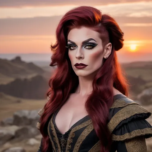 Prompt: Gorgeous muscular 25-year-old British drag queen Pilgrim with dark red hair, very strong masculine jawline and brow,  dark eyeshadow and dark red,  posing in 17th century America at sunrise.