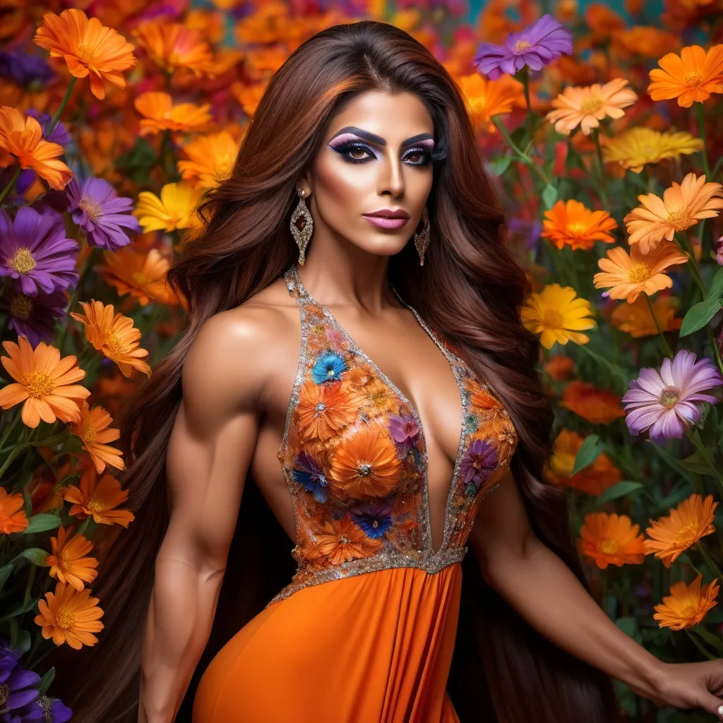 Prompt: 19.Imagine a gorgeous muscular 25-year-old Arabic drag queen bodybuilder with long dark orange, dressed in a flowing, jewel-toned dress, standing amidst a sea of colorful wildflowers. Use studio lighting to capture the full range of colors in her eyes and hair, and create a sense of balance and harmony in the composition.