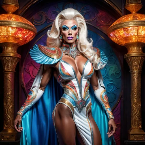 Prompt: The most beautiful drag queen bodybuilder on Altair IV wearing the traditional Altair IV dress.