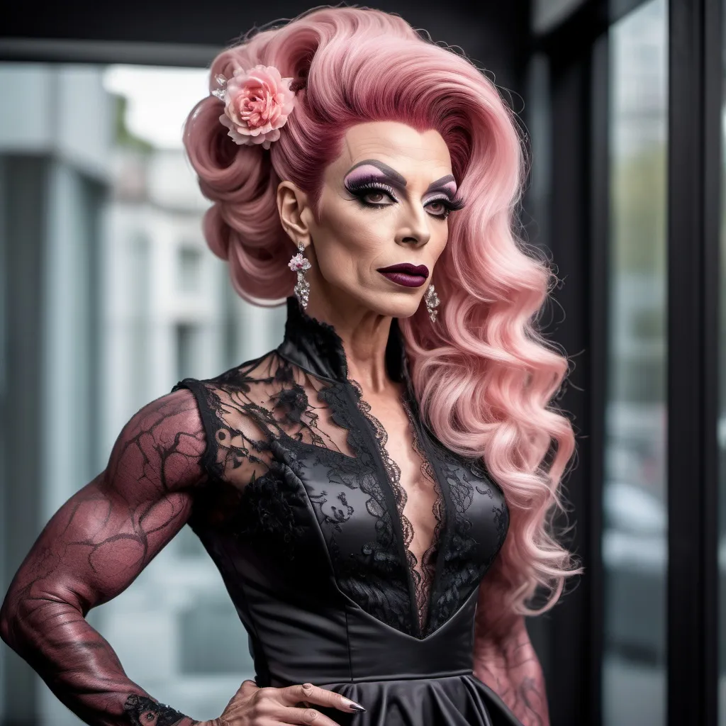 Prompt: Gorgeous ultra-muscular 40-year-old French drag queen bodybuilder with long Pink updo hair, dark eye makeup, dark lipstick, Elegant full lace dress , flowery lace , crimson , calf length , 8 inch stiletto high heel shoes,  realistic,  full body